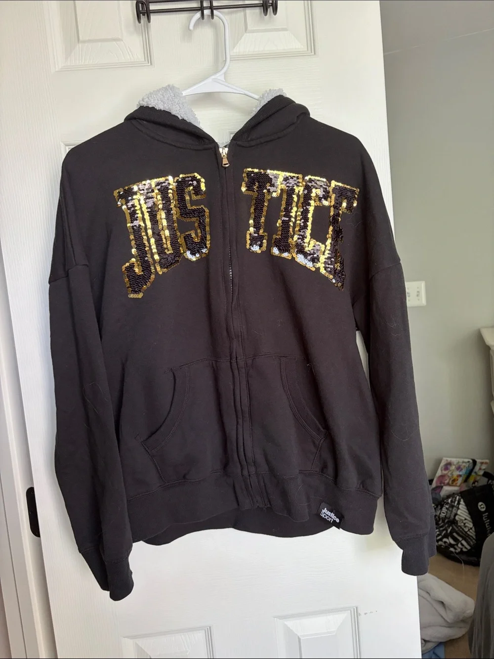 Justice Black Hoodie with Gold and Silver Sequin Logo
